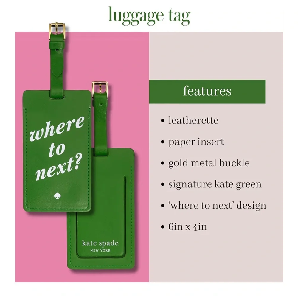 Kate Spade Green Luggage Tag with Gold Buckle - Where to next?